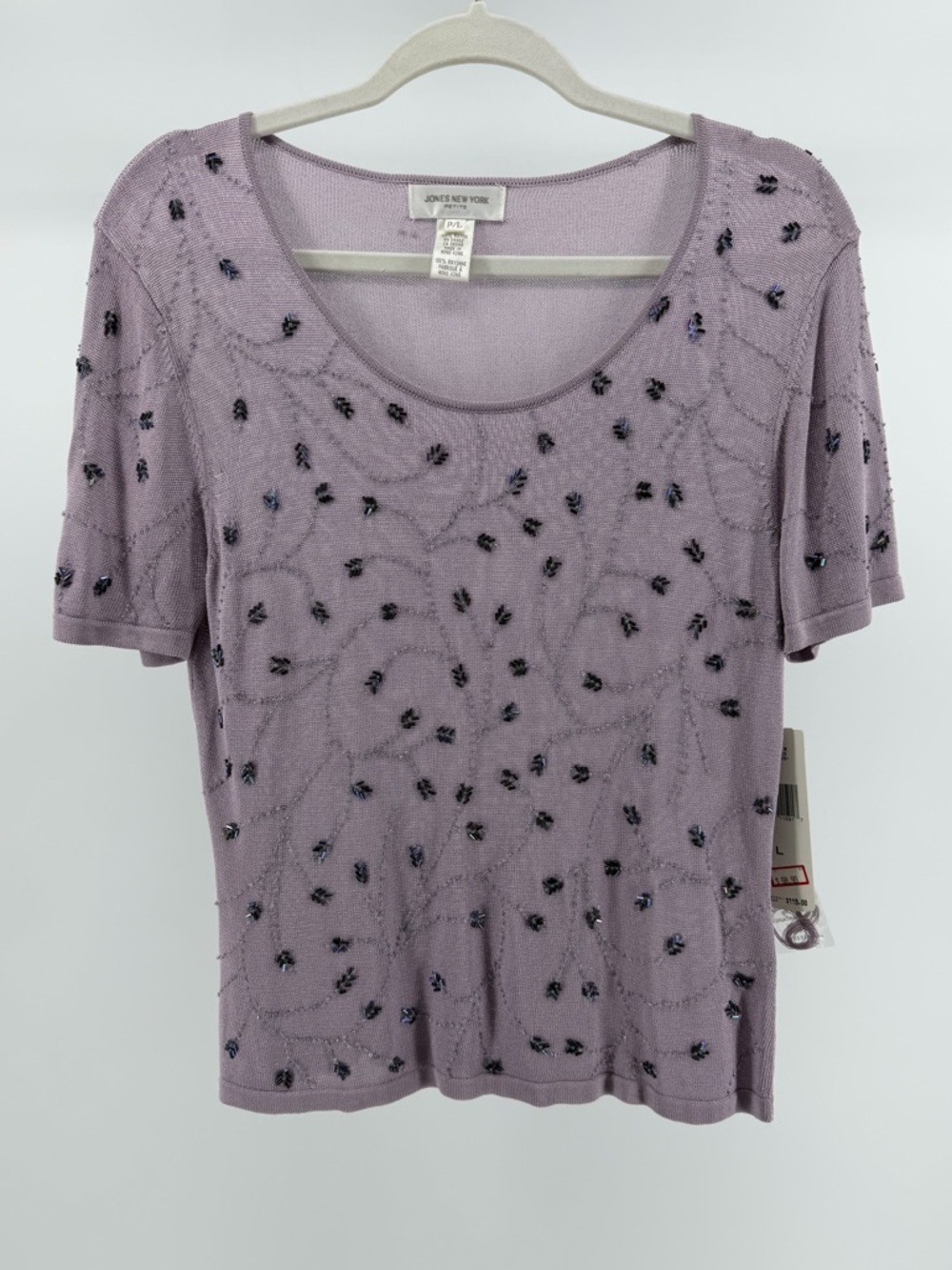 NWT Vintage Jones New York Lilac Beaded Short Sleeve Knit Top, Women's Large P